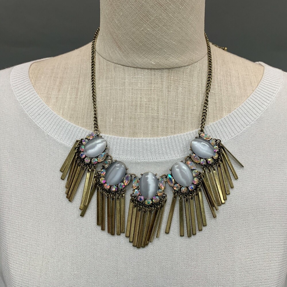 Romolo‎ Isabella Necklace Pearlescent Stone Fringe Antique Gold NWT